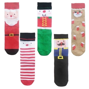 Cinque paia di calze natalizie festive in cotone con motivi Babbo Natale e Schiaccianoci