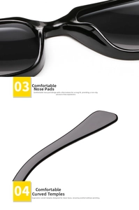 Detail of integrated nose pads and ergonomic curved temples on black square sunglasses