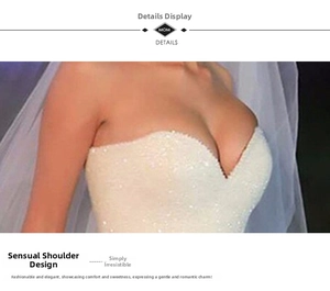 Détail de robe de mariée à paillettes blanches avec décolleté en cœur et voile
