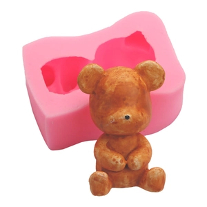 Pink silicone bear mold for DIY fondant cake decor and clay crafts with finished sample