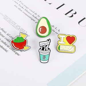 Creative enamel brooch set featuring cartoon avocado, coffee and Mexican taco pins
