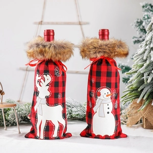 Housses de Bouteille de Vin de Noël à Carreaux avec Col en Fourrure Motifs Bonhomme de Neige Renne Décoration de Table