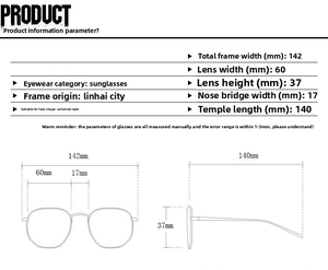 Detailed size chart for square metal sunglasses showing 142mm frame width and dimensions