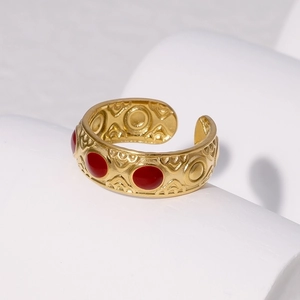 Vintage 18K gold-plated stainless steel open ring with red stone and geometric relief