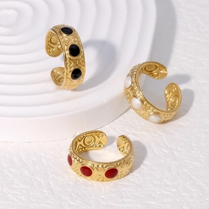 Vintage Stainless Steel Ring 18K Gold Plated Adjustable Open Finger Ring Embossed Geometric Inlay Retro Jewelry For Women