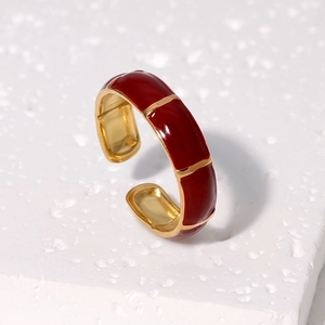 Minimalist red enamel bamboo joint open ring in gold-plated stainless steel