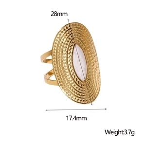 Detail view of gold 18K plated ring with white teardrop inlay and radial texture