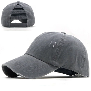 Washed cotton messy high ponytail baseball cap for women with distressed vintage details