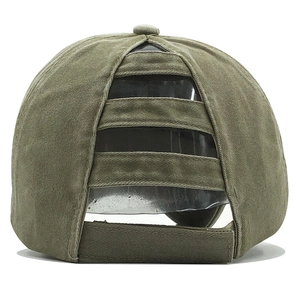 Detail of olive green washed cotton baseball cap with multi-layer ponytail hole design