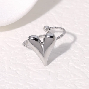 Polished silver stainless steel open ring with 3D heart design and spiral textured band