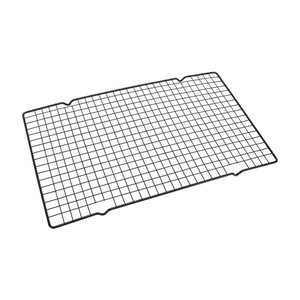 Rectangular black non-stick wire cooling rack with sturdy support feet for baking cakes