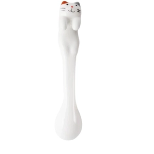 Hand-painted 3D ceramic cat stirring spoon with cute white cat design and long handle