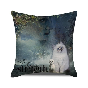 Artistic Halloween pillow cover detail showing a black cat, white dog, and mystic face