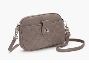 Detail of grey quilted crossbody phone bag with matte leather and metal twist lock closure