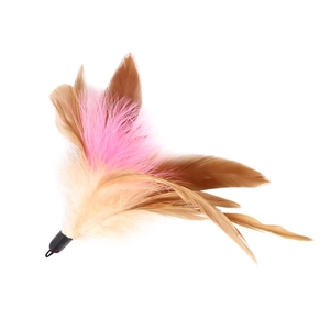 Cat wand feather replacement head with pink fluff and long brown feathers for cat toys