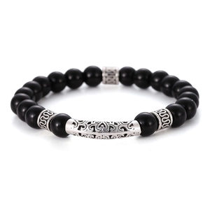 Men's obsidian stretch bracelet featuring vintage silver hollow pattern metal tube detail