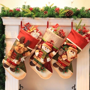Christmas Stockings Large 3D Santa Snowman Reindeer Hanging Gift Bags Linen Fabric Home Fireplace Holiday Decoration