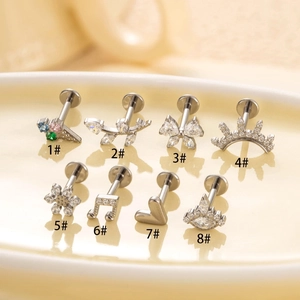 F136 titanium flat back labret studs with micro-pave zircon heart and geometric designs