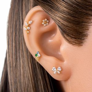 F136 titanium gold ear studs set with zircon leaf, flower, ice cream and bow shapes