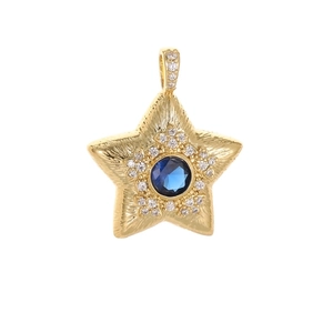 Pendente a stella dorato con cristallo blu scuro centrale e alone di zirconi lucidi