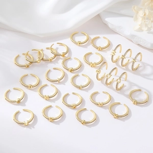 Minimalist 14K gold plated initial rings with zircon inlay and adjustable open band design