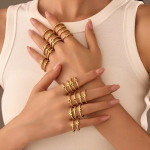 Initial Letter Open Ring Copper Zircon 14K Gold Plated Adjustable Fashion Jewelry For Women