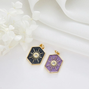 Retro hexagonal sunburst pendant with zircon inlay in black and purple enamel finish