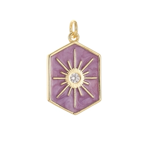Golden hexagonal sunburst pendant with purple enamel and center zircon crystal
