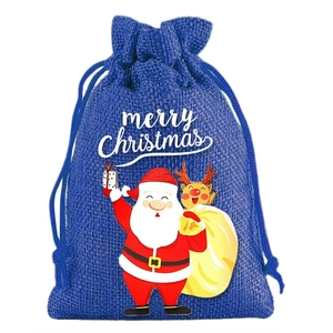 Detail of blue burlap Christmas gift bag with Santa and Reindeer print and drawstring