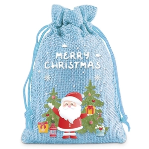 Detail of light blue burlap Christmas gift bag with Santa and Merry Christmas text