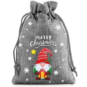 Close-up of gray linen Christmas drawstring bag with merry christmas gnome print