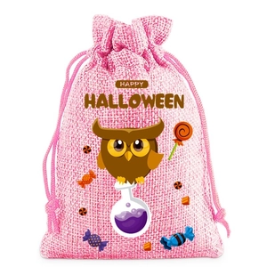 Pink burlap Halloween drawstring gift bag featuring a cute owl and happy halloween text