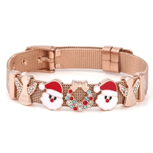 Rose gold 10mm mesh bracelet with Christmas charms and an engraved angel pendant