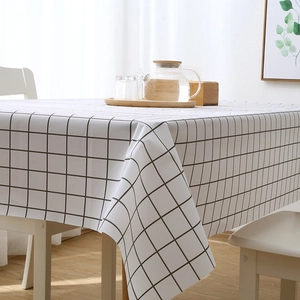 Waterproof PEVA rectangular tablecloth with minimalist black and white plaid pattern