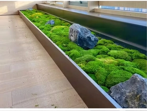 Detail view of artificial green moss lawn with stones for indoor landscape decoration