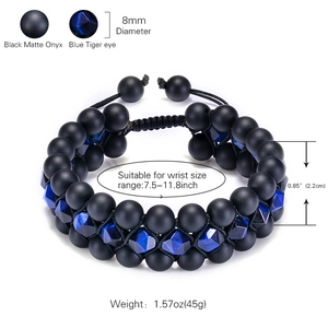 8mm black matte agate and blue tiger eye double-layer woven beaded bracelet with dimensions