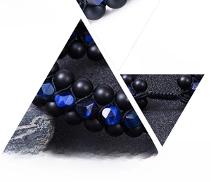 Detail of adjustable triple-row bracelet with matte black stone and blue tiger eye beads