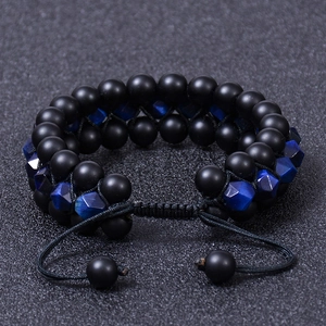 Adjustable 8mm black matte stone and blue tiger eye double-layer beaded bracelet