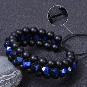 Three-layer 8mm matte black stone and blue tiger eye beaded adjustable men's bracelet