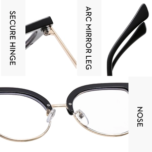Detail view of cat eye glasses showing secure hinges, arc mirror legs and comfortable nose pads