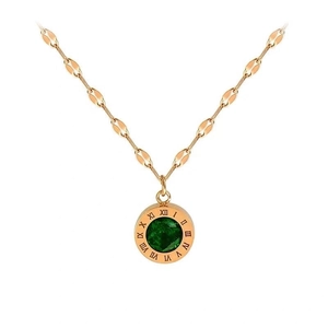 Rose gold roman numeral necklace featuring an elegant green emerald pendant on a bean chain