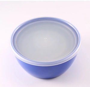 Top view of a blue round plastic salad bowl with a translucent lid for food storage