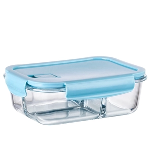 Rectangular glass lunch box with two compartments and light blue lid for microwave