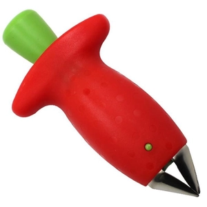 Stainless steel strawberry huller tool with red fruit shape and green push button