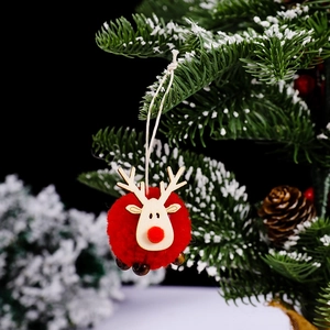 Christmas tree hanging reindeer ornament with red plush pompom and wooden deer head
