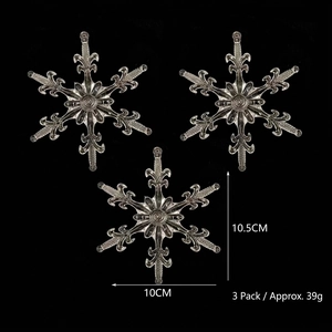 Detailed view of 3-pack transparent acrylic snowflake ornaments with 10.5cm size