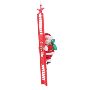 Detail of electric climbing Santa Claus on red ladder with green gift bag for Christmas