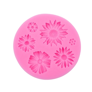 Pink sunflower silicone fondant mold with five daisy patterns for baking and DIY crafts