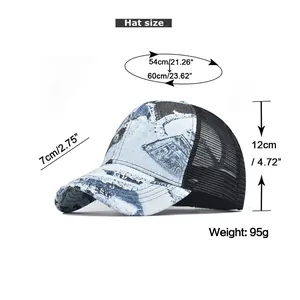 Size chart for tie-dye ponycap showing head circumference 54-60cm and brim length 7cm