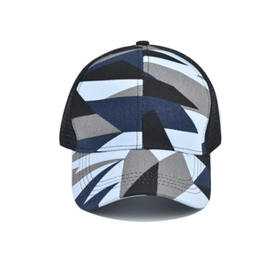 Close-up of camouflage tie-dye sun hat showing breathable mesh back and double stitching